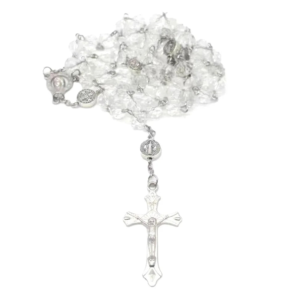 Chapelet de Communion en Perles de Verre - Collier Long avec Croix Chrétienne et Médaille Vierge Marie - Bonheur de Lune