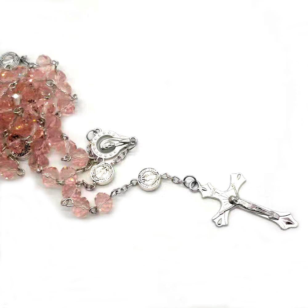 Chapelet de Communion en Perles de Verre Rose - Collier Long avec Croix Chrétienne et Médaille Vierge Marie - Bonheur de Lune