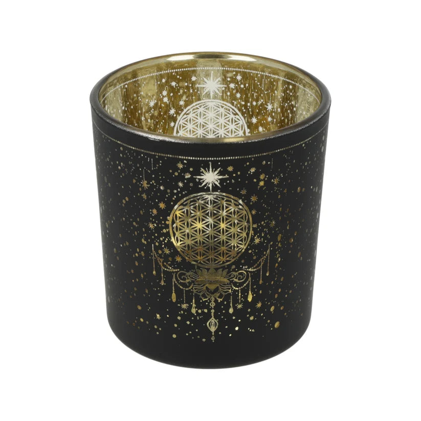 Photophore Fleur de Vie en verre givré noir avec intérieur métallisé doré – 7,3 x 8 cm