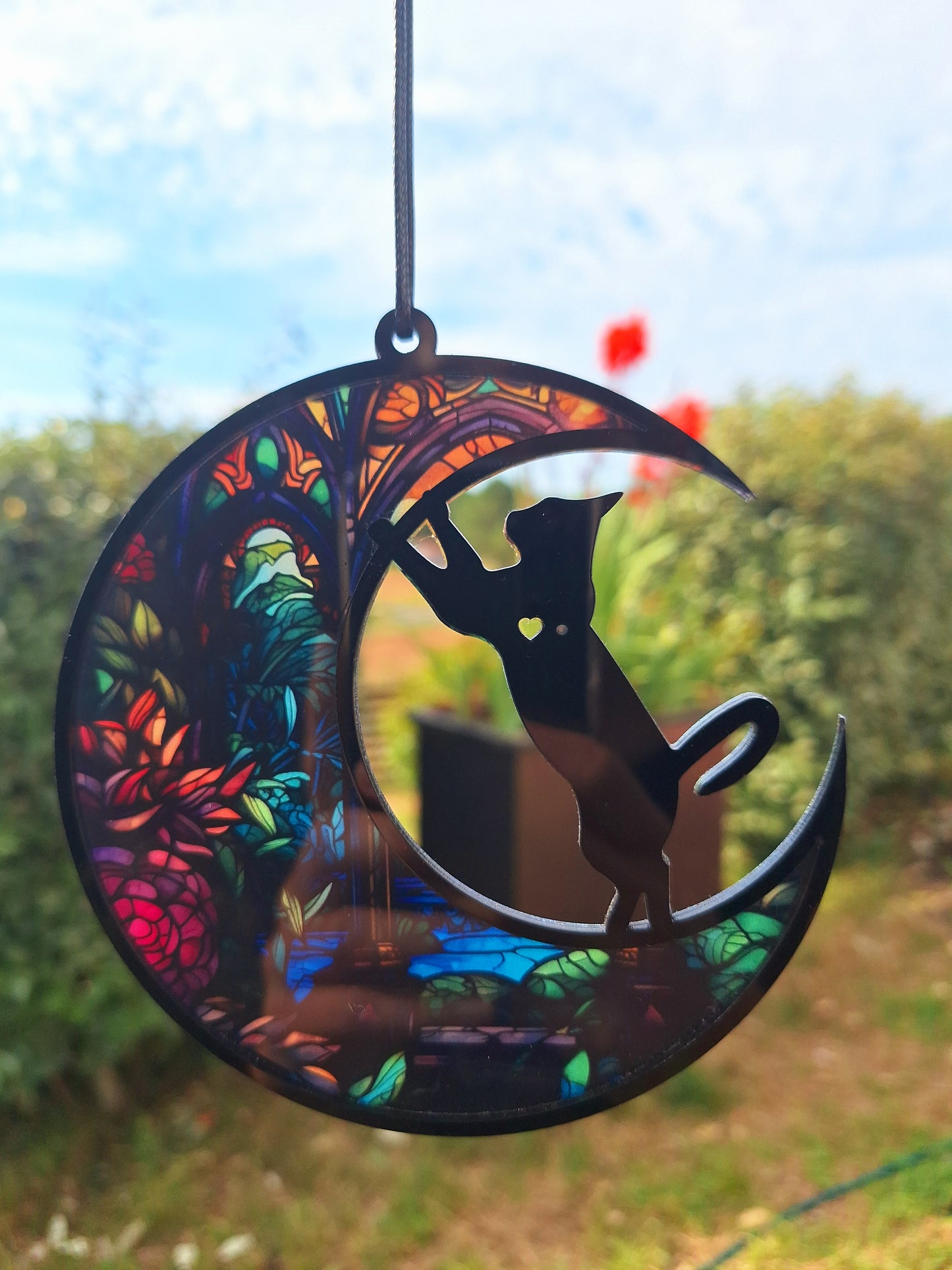 Décoration de Fenêtre Suspension "Lune et Chat" Effet Vitraux en Acrylique - Bonheur de Lune
