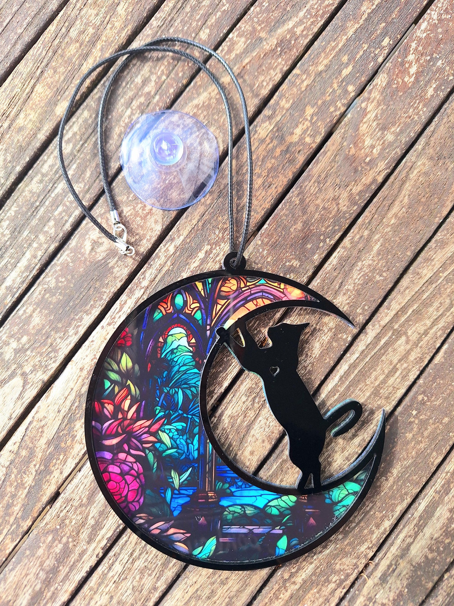 Décoration de Fenêtre Suspension "Lune et Chat" Effet Vitraux en Acrylique - Bonheur de Lune
