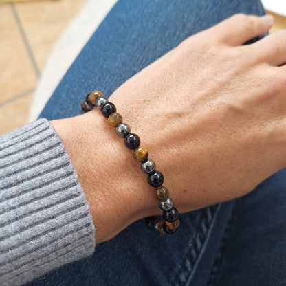 Bracelet Triple Protection 6 mm – Hématite, Œil de Tigre & Obsidienne – Force & Stabilité - Bonheur de Lune