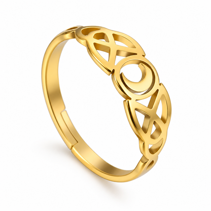 Bague Lune & Entrelacs Ajustable – Acier Inoxydable Doré ou Argenté
