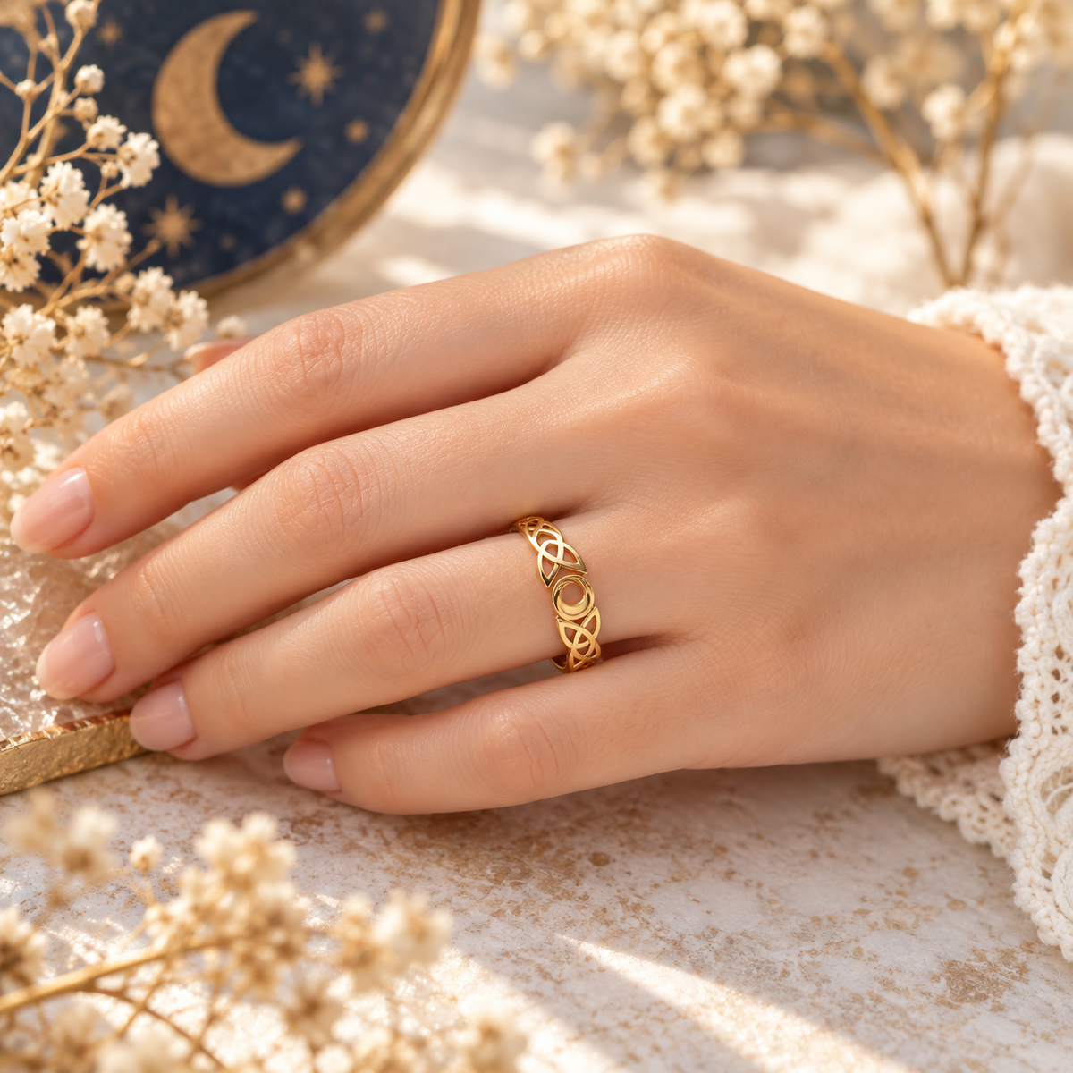 Bague Lune & Entrelacs Ajustable – Acier Inoxydable Doré ou Argenté