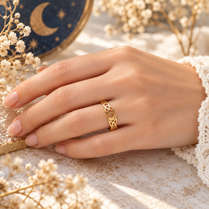 Bague Lune & Entrelacs Ajustable – Acier Inoxydable Doré ou Argenté