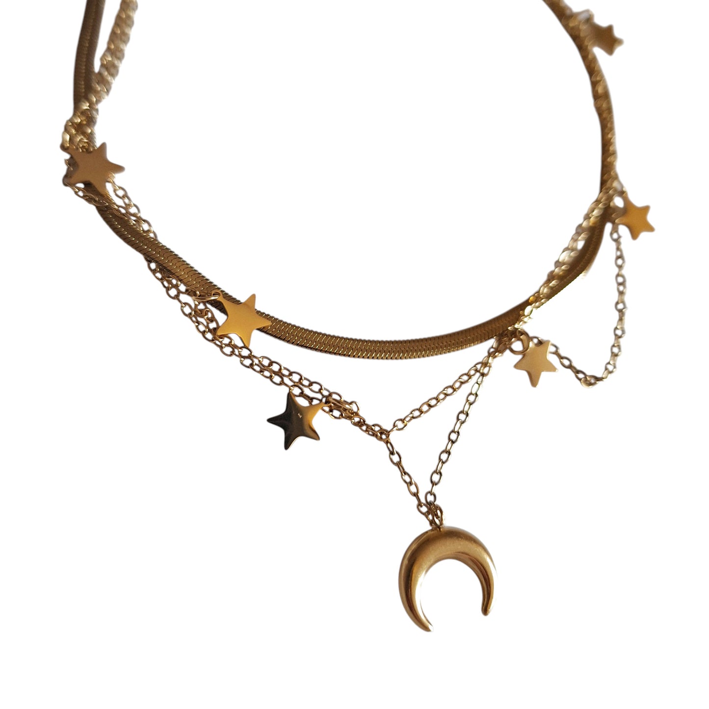Collier Céleste Triple Rangs – Lune & Étoiles – Acier Inoxydable Doré - Bonheur de Lune
