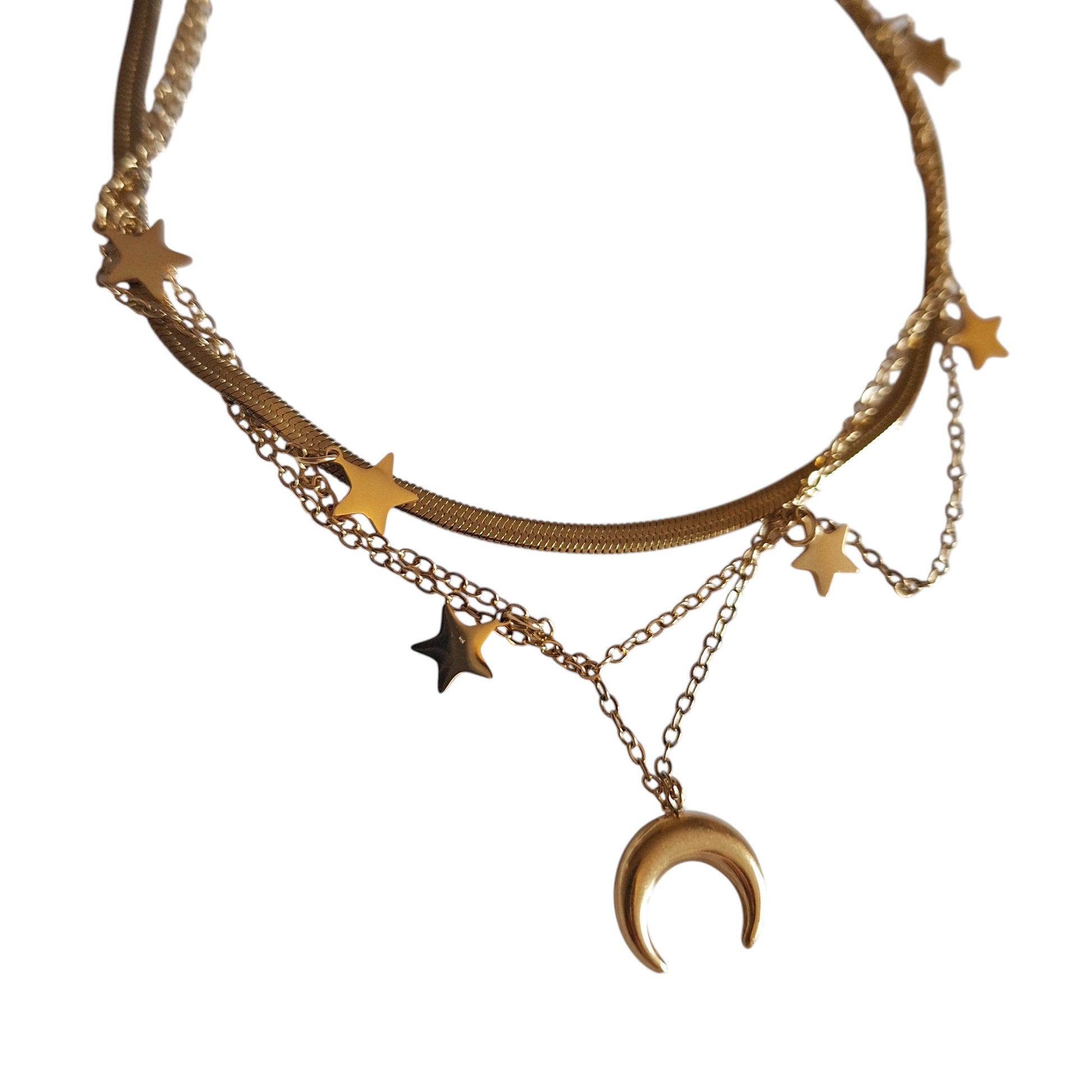 Collier Céleste Triple Rangs – Lune & Étoiles – Acier Inoxydable Doré - Bonheur de Lune