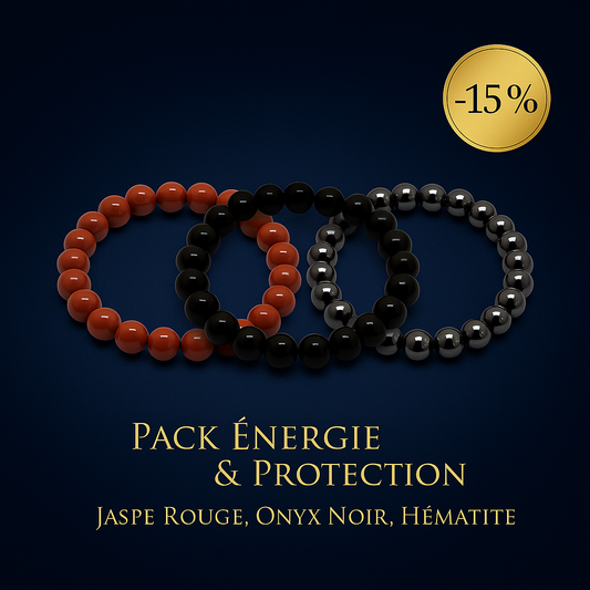 Pack 3 Bracelets 8 mm – Énergie & Protection – Jaspe Rouge, Onyx Noir & Hématite (-15%) - Bonheur de Lune