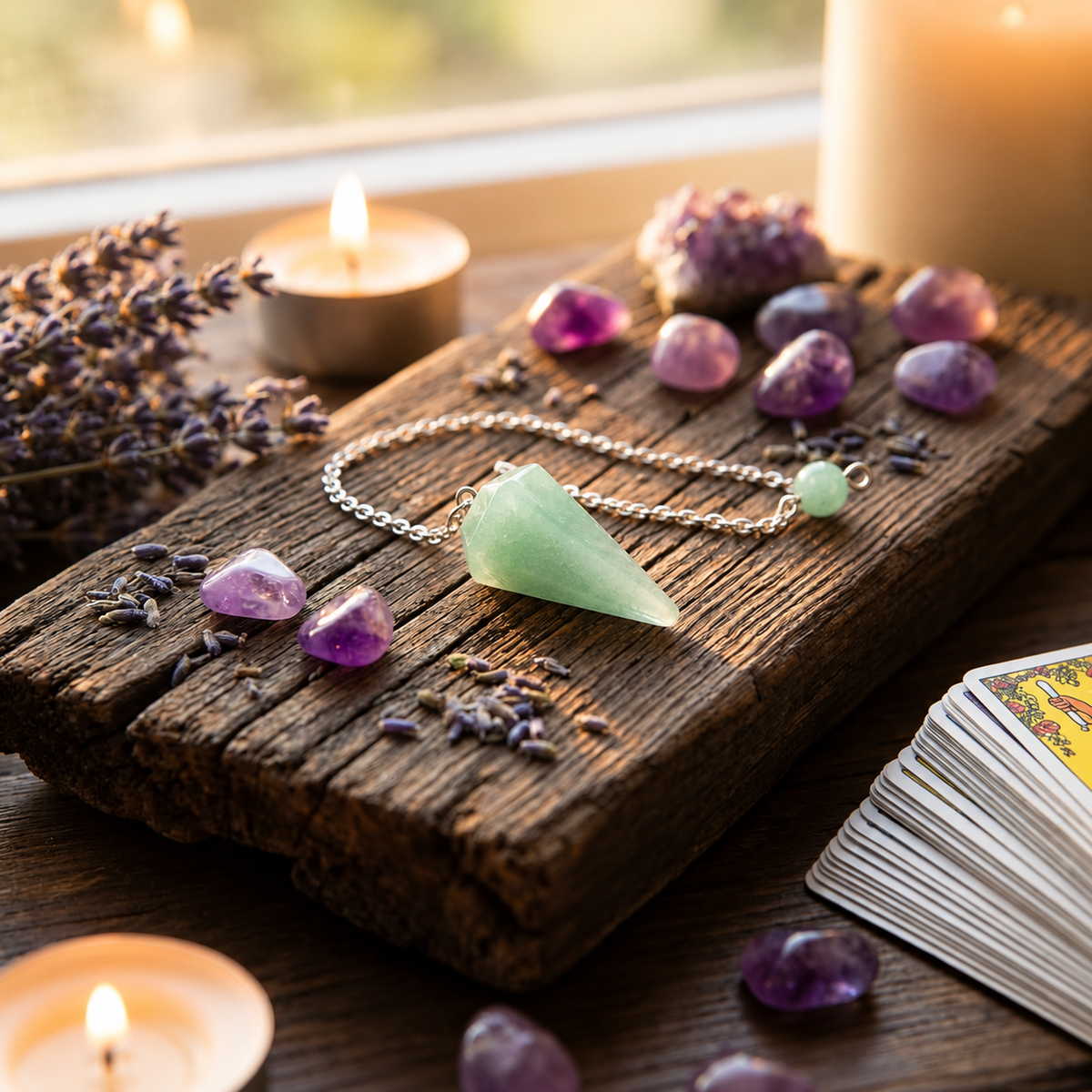 Boutique ésotérique – Pendule en aventurine verte sur un autel – Bonheur de Lune