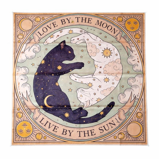 Tapis de Tirage de Cartes – Chat Yin & Yang Constellations 49x49 cm