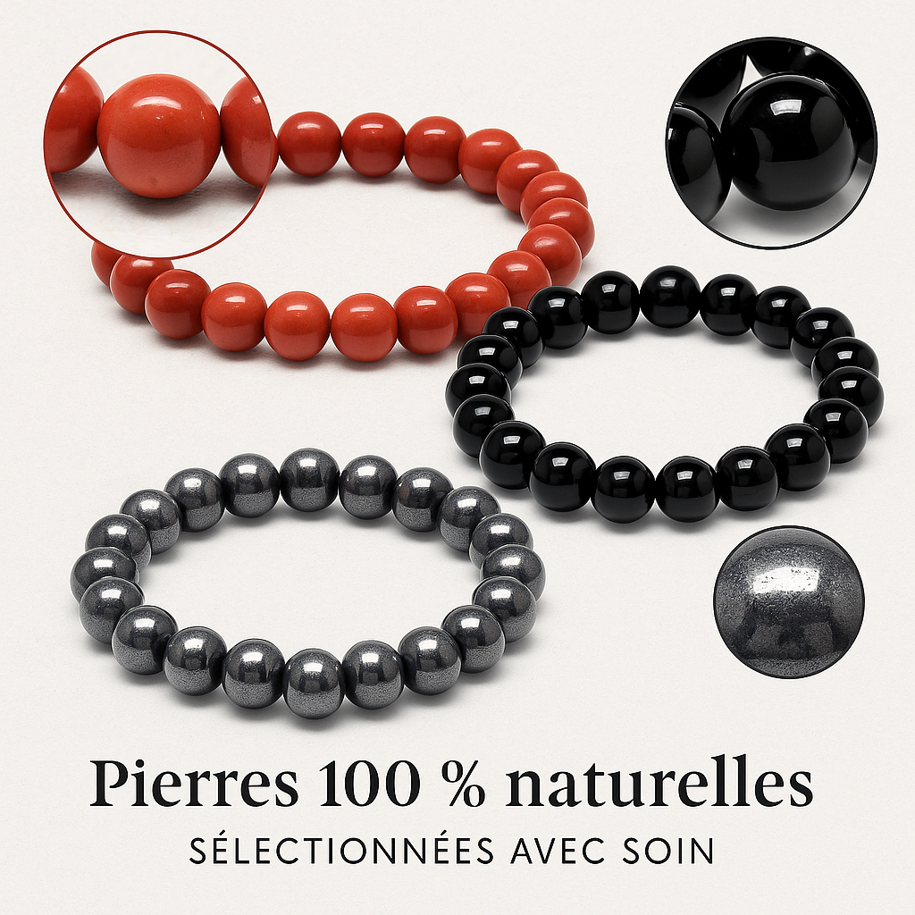 Pack 3 Bracelets 8 mm – Énergie & Protection – Jaspe Rouge, Onyx Noir & Hématite (-15%) - Bonheur de Lune