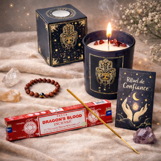 Box Confiance en soi – bougie, encens et bague en Jaspe Rouge – Bonheur de Lune