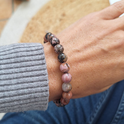 Bracelet Rhodonite 8 mm – Compassion, Équilibre & Harmonie – Bonheur de Lune