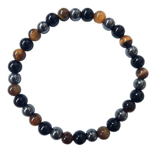 Bracelet Triple Protection 6 mm – Hématite, Œil de Tigre & Obsidienne – Force & Stabilité – Bonheur de Lune