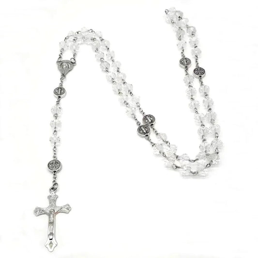 Chapelet de Communion en Perles de Verre - Collier Long avec Croix Chrétienne et Médaille Vierge Marie – Bonheur de Lune