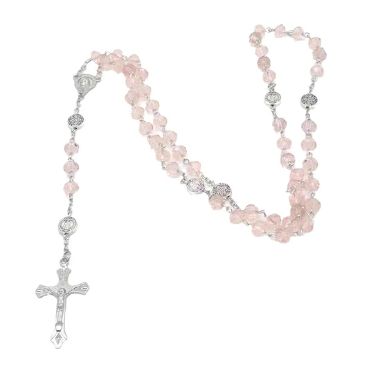 Chapelet de Communion en Perles de Verre Rose - Collier Long avec Croix Chrétienne et Médaille Vierge Marie – Bonheur de Lune