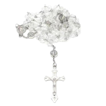 Chapelet de Communion en Perles de Verre - Collier Long avec Croix Chrétienne et Médaille Vierge Marie - Bonheur de Lune