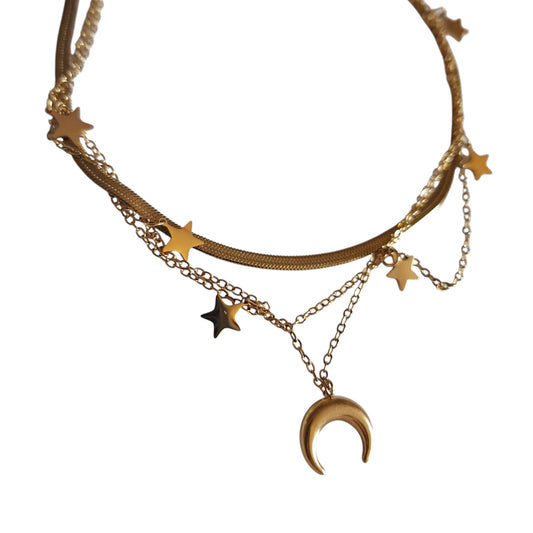 Collier Céleste Triple Rangs – Lune & Étoiles – Acier Inoxydable Doré – Bonheur de Lune