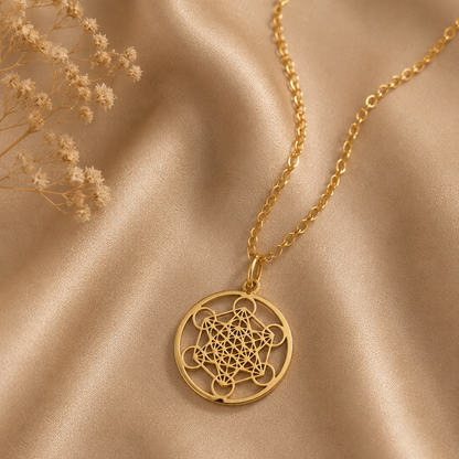 Collier Cube de Métatron – Protection & Harmonie – Acier Inoxydable Doré ou Argenté (2 cm ou 4 cm) – Bonheur de Lune