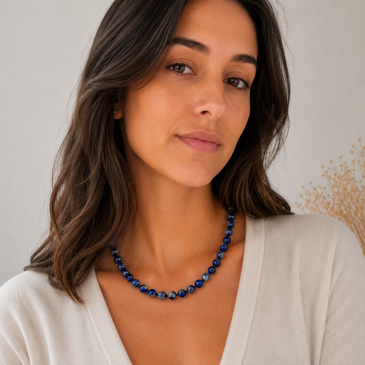 Collier Lapis Lazuli 8 mm en pierre naturelle – acier inoxydable – Bonheur de Lune