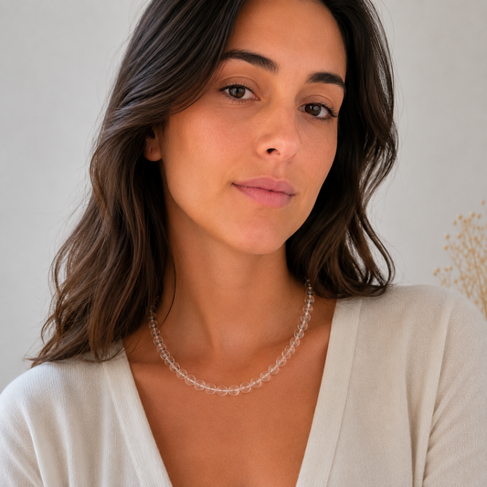 Collier Quartz Blanc 8 mm en pierre naturelle – acier inoxydable – Bonheur de Lune
