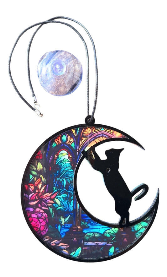 Décoration de Fenêtre Suspension "Lune et Chat" Effet Vitraux en Acrylique – Bonheur de Lune
