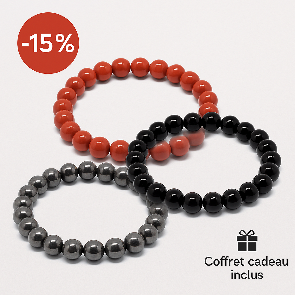Pack 3 Bracelets 8 mm – Énergie & Protection – Jaspe Rouge, Onyx Noir & Hématite (-15%) - Bonheur de Lune