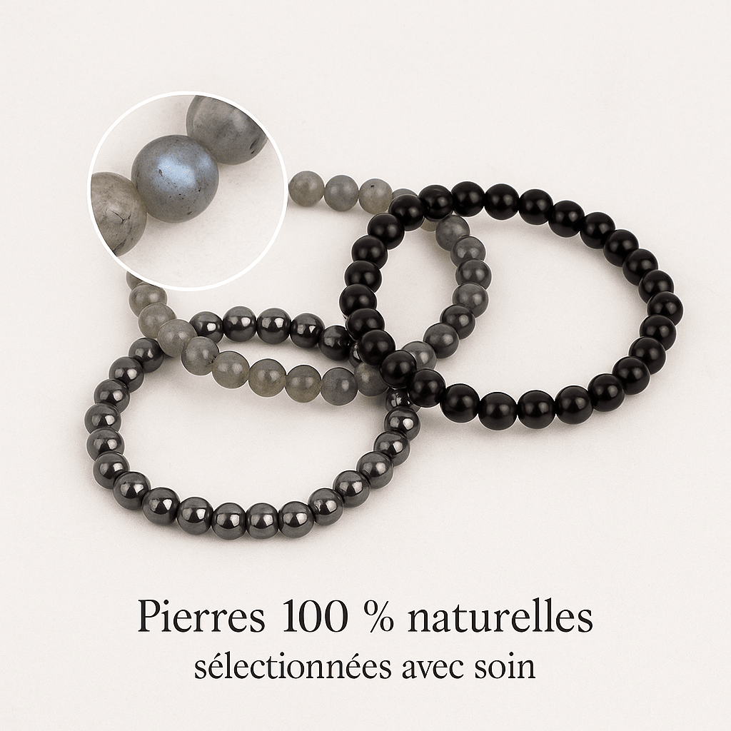 Pack 3 Bracelets 6mm - Protection – Labradorite, Obsidienne & Hématite (-15%) - Bonheur de Lune
