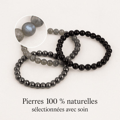 Pack 3 Bracelets 6mm - Protection – Labradorite, Obsidienne & Hématite (-15%) - Bonheur de Lune