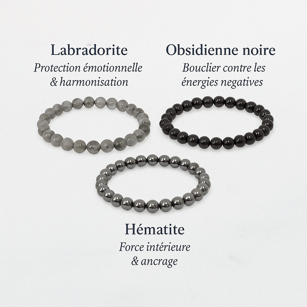Pack 3 Bracelets 6mm - Protection – Labradorite, Obsidienne & Hématite (-15%) - Bonheur de Lune