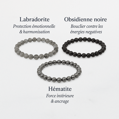 Pack 3 Bracelets 6mm - Protection – Labradorite, Obsidienne & Hématite (-15%) - Bonheur de Lune