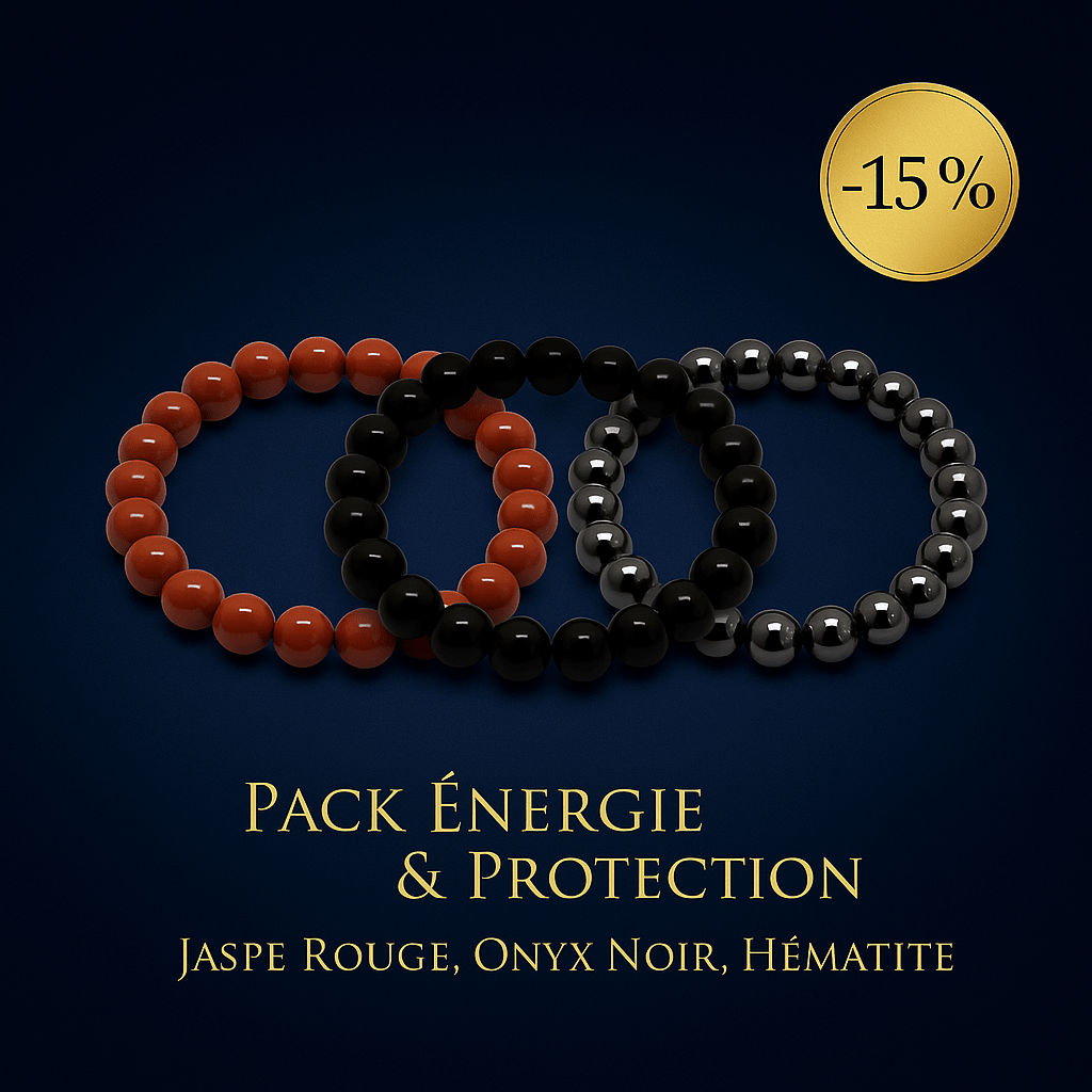 Pack 3 Bracelets 8 mm – Énergie & Protection – Jaspe Rouge, Onyx Noir & Hématite (-15%) - Bonheur de Lune