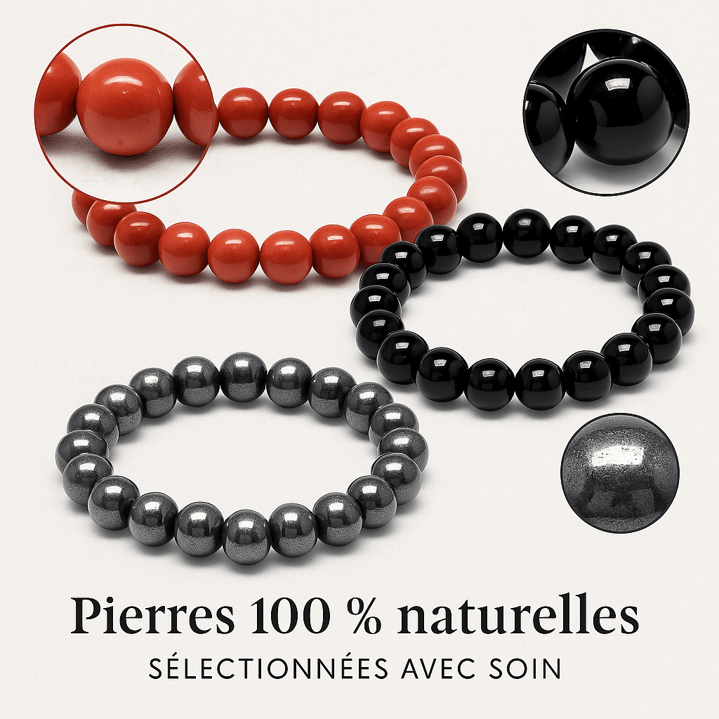 Pack 3 Bracelets 8 mm – Énergie & Protection – Jaspe Rouge, Onyx Noir & Hématite (-15%) - Bonheur de Lune