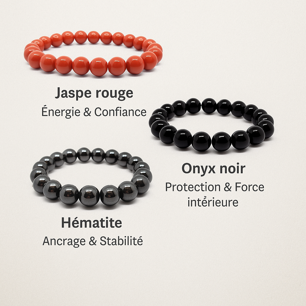 Pack 3 Bracelets 8 mm – Énergie & Protection – Jaspe Rouge, Onyx Noir & Hématite (-15%) - Bonheur de Lune