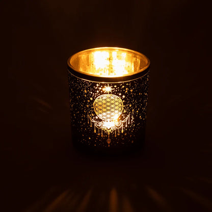 Photophore Fleur de Vie Mystique allumé, lumière dorée et ambiance chaleureuse