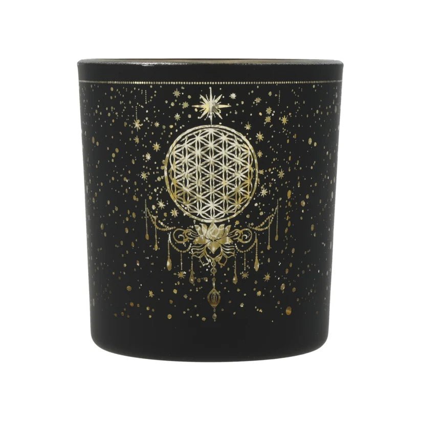 Photophore Fleur de Vie Mystique en Verre Noir & Doré – 8 cm - Bonheur de Lune