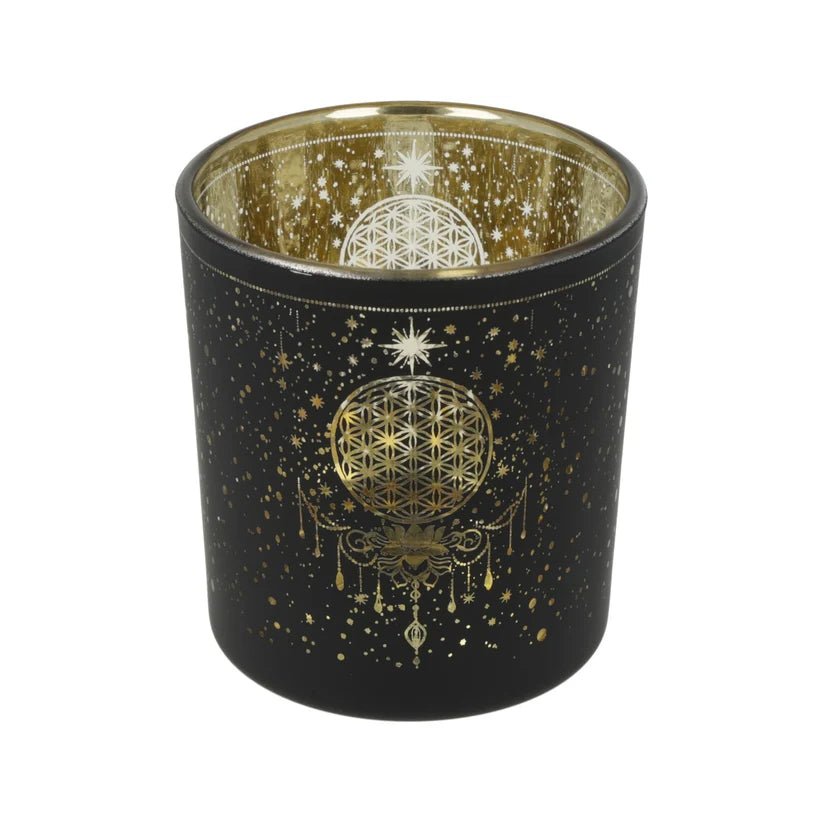Photophore Fleur de Vie Mystique en Verre Noir & Doré – 8 cm - Bonheur de Lune