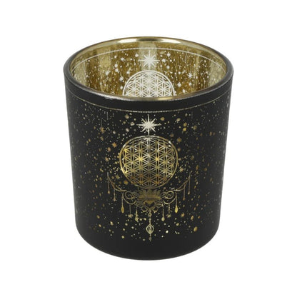 Photophore Fleur de Vie Mystique en Verre Noir & Doré – 8 cm - Bonheur de Lune