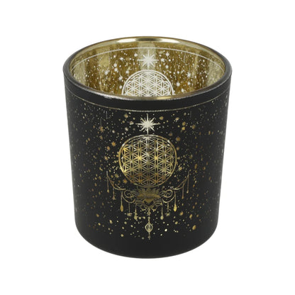 Photophore Fleur de Vie en verre givré noir avec intérieur métallisé doré – 7,3 x 8 cm