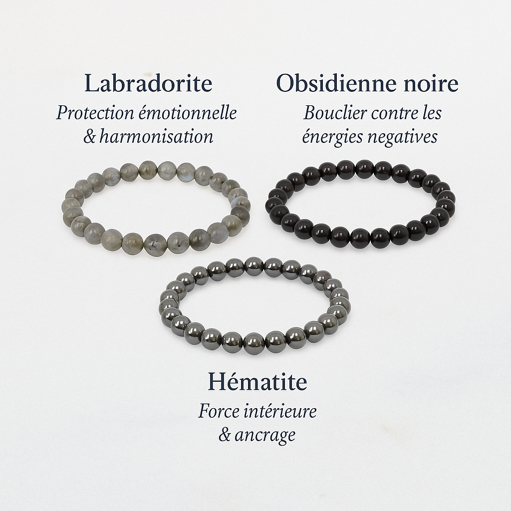 Pack 3 Bracelets 6mm - Protection – Labradorite, Obsidienne & Hématite (-15%) - Bonheur de Lune