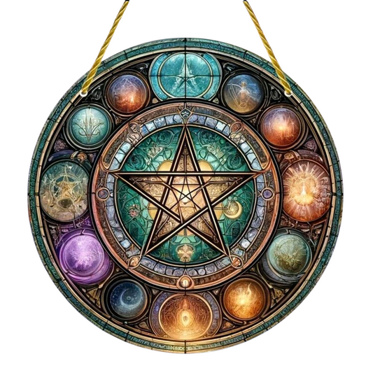 Vitrail à suspendre Pentacle & Symboles ésotériques – Énergie spirituelle et protection - Bonheur de Lune