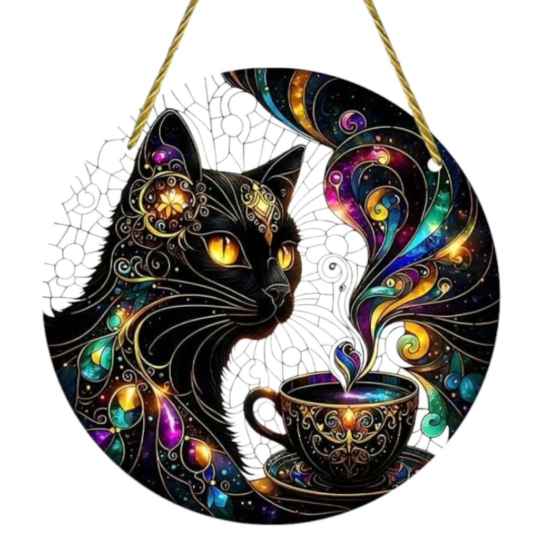 Vitrail à suspendre Chat Noir – Élégance mystique et lumière féerique - Bonheur de Lune