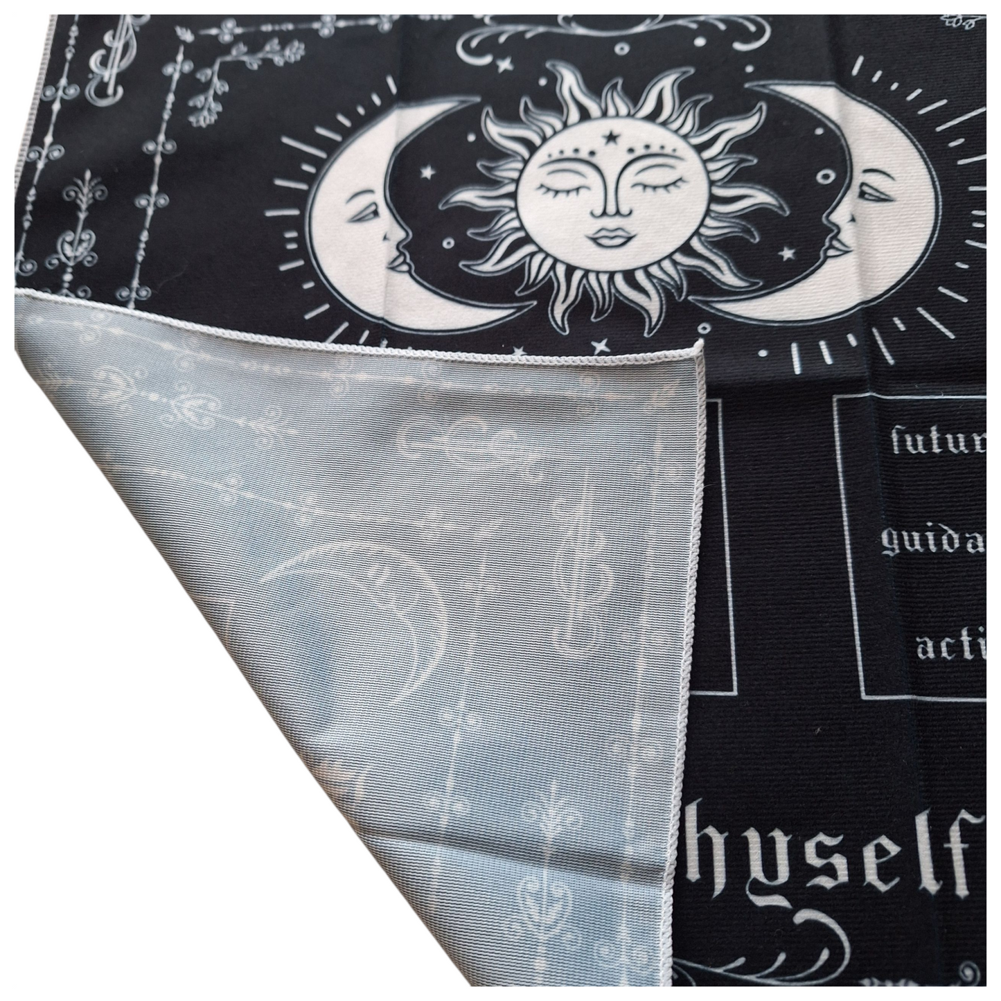 Tapis de Tirage de Cartes Noir & Blanc – Lune Soleil Passé Présent Futur 49x49 cm