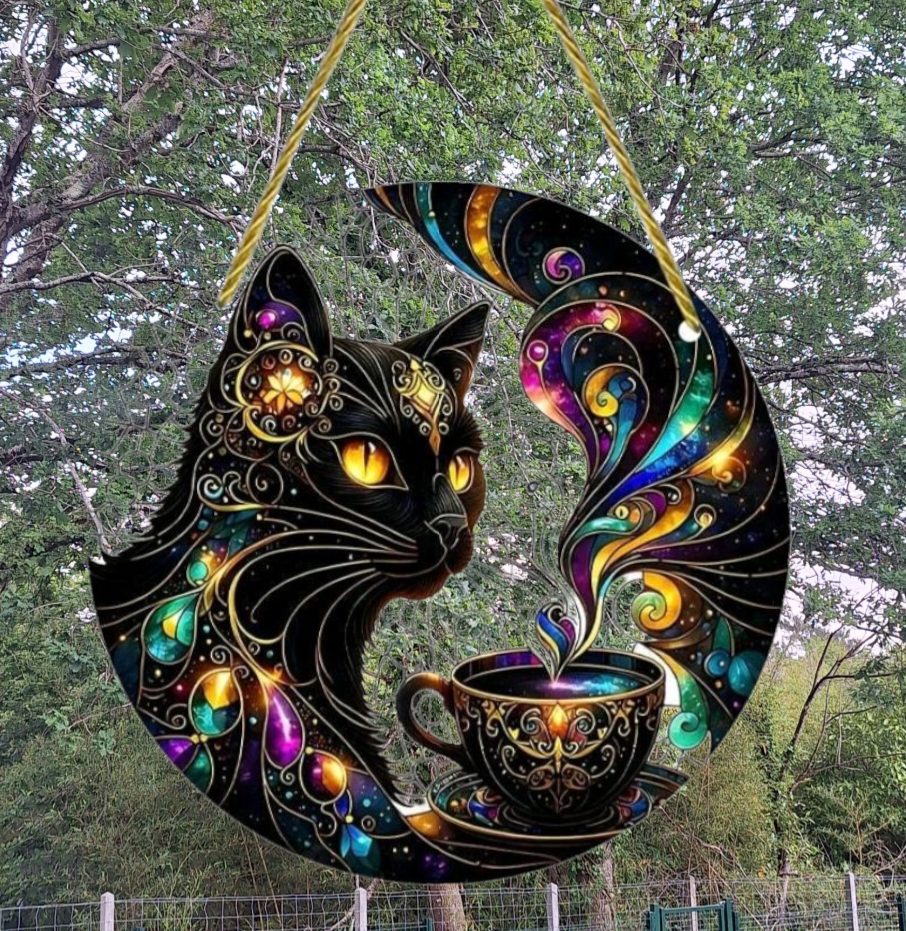 Vitrail à suspendre Chat Noir – Élégance mystique et lumière féerique - Bonheur de Lune