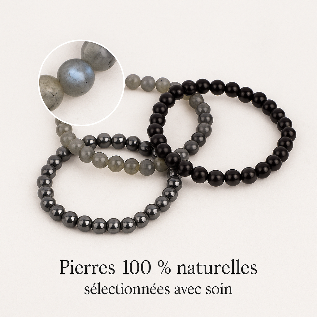 Pack 3 Bracelets 6mm - Protection – Labradorite, Obsidienne & Hématite (-15%) - Bonheur de Lune