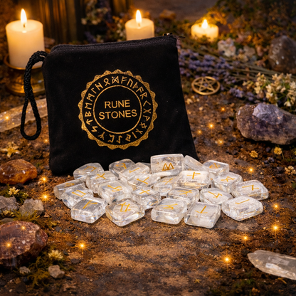Set de 25 runes en cristal de roche avec pochette – Bonheur de Lune