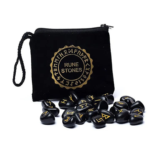 SET Rune Oracle en Agate Noire – 25 Pierres dans une Pochette en Velours – Bonheur de Lune