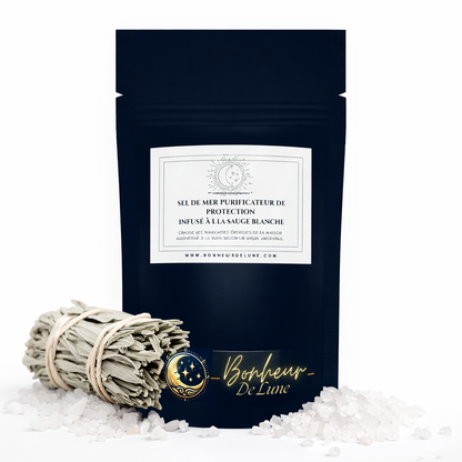Sel de Mer purificateur protection maison – infusé sauge blanche – Nettoyage Énergétique et rechargement pierres naturelles – Rituel bien-être simple sans fumée – 100g / 200g – Bonheur de Lune