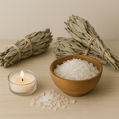 Sel de Mer purificateur protection maison – infusé sauge blanche – Nettoyage Énergétique et rechargement pierres naturelles – Rituel bien-être simple sans fumée – 100g / 200g – Bonheur de Lune