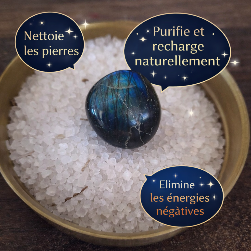 Sel de Mer purificateur protection maison – infusé sauge blanche – Nettoyage Énergétique et rechargement pierres naturelles – Rituel bien-être simple sans fumée – 100g / 200g – Bonheur de Lune